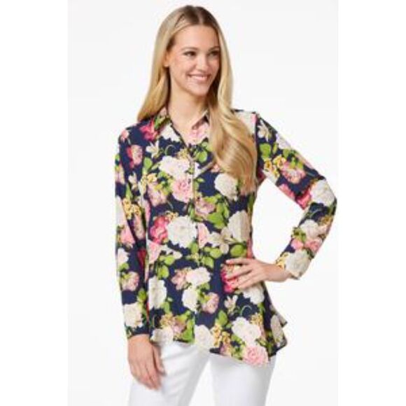 Cato Tops - CATO Petite Ruffled Rose Print Tunic Assymetrical Flowy Modern SZ LP:NWT
